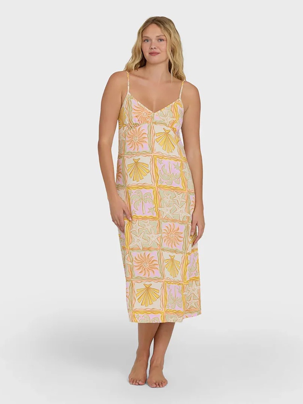 Billabong Pastel Tile-Print Slip Midi Dress in Yellow & Pink